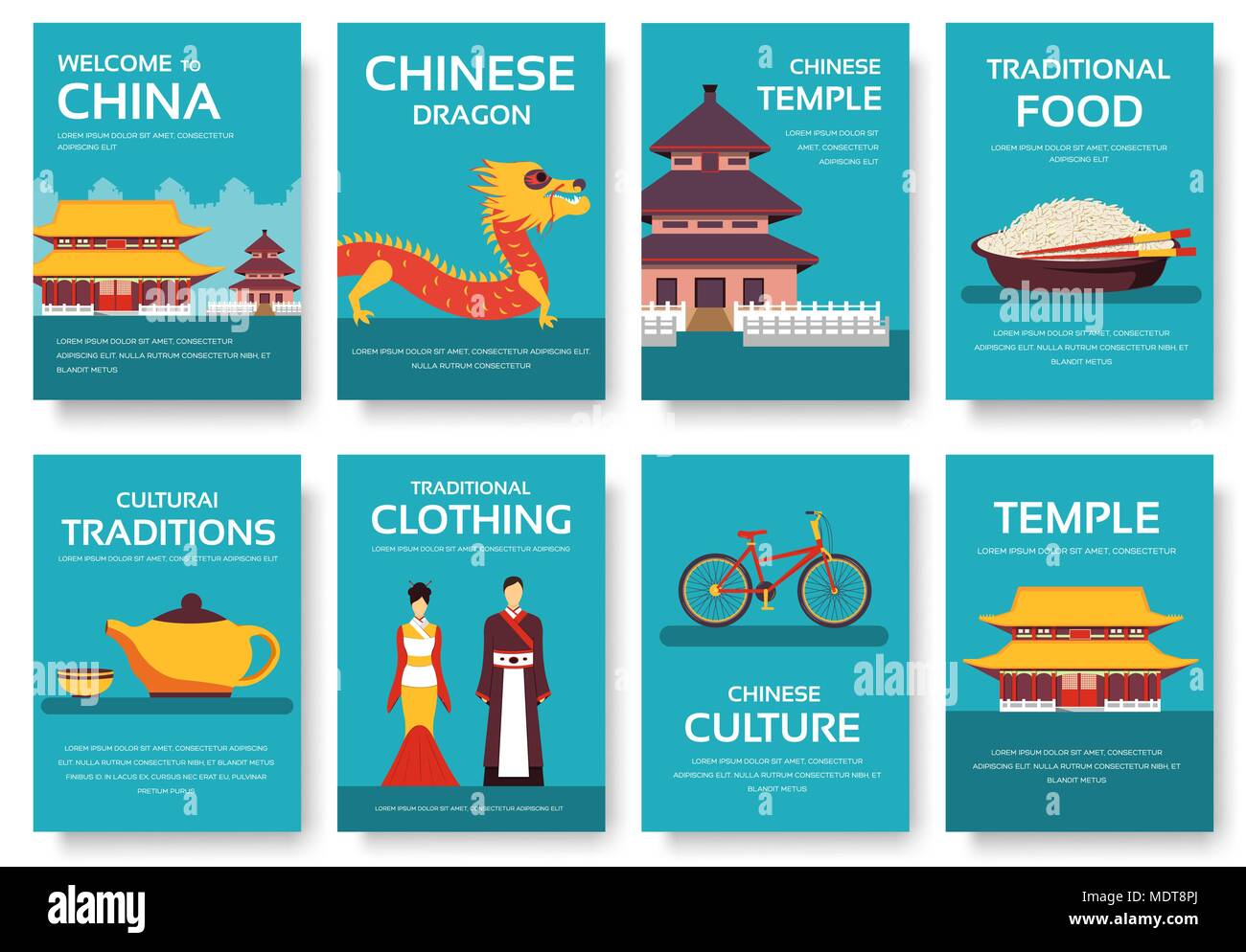 Country China travel vacation guide of goods, places and features. Set of architecture, fashion, people, items, nature background concept.  Stock Vector