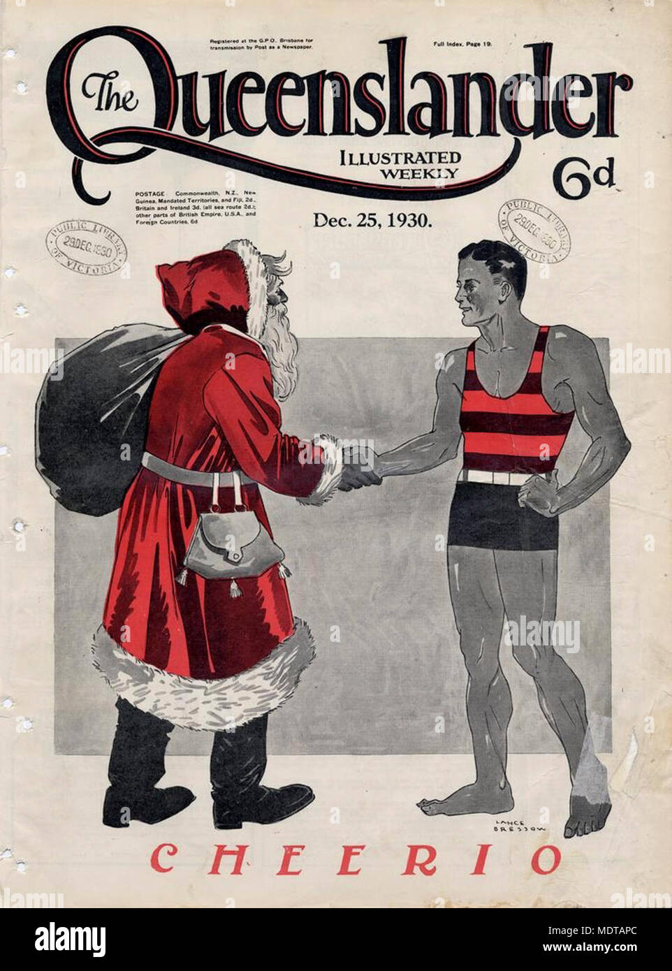 Illustrated front cover from The Queenslander December 25 1930. Location:Queensland  Description:Caption: Cheerio. Illustration of Santa Claus, with his sack over his shoulder, shaking hands with an athletic looking man in a one-piece swimsuit. Stock Photo