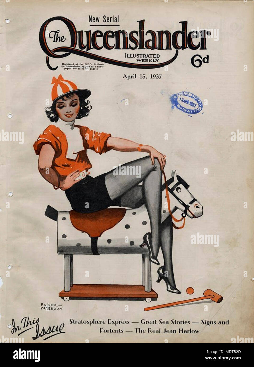 Illustrated front cover from The Queenslander, April 15, 1937. Location: Queensland, Australia  Description: A coloured drawing of a woman posing on a toy wooden horse with possibly a polo mallet and ball on the floor. Stock Photo