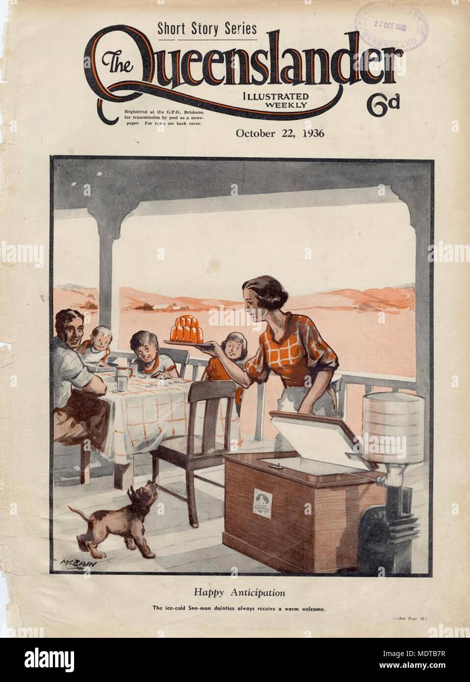 Illustrated front cover from The Queenslander, October 22, 1936. Location: Queensland, Australia   Description: Caption: Happy anticipation : The ice-cold Sno-Man dainties always receive a warm welcome. The mother takes out some ice-cold treats from the Sno-man ice box, while the family sits at the table in anticipation. Stock Photo