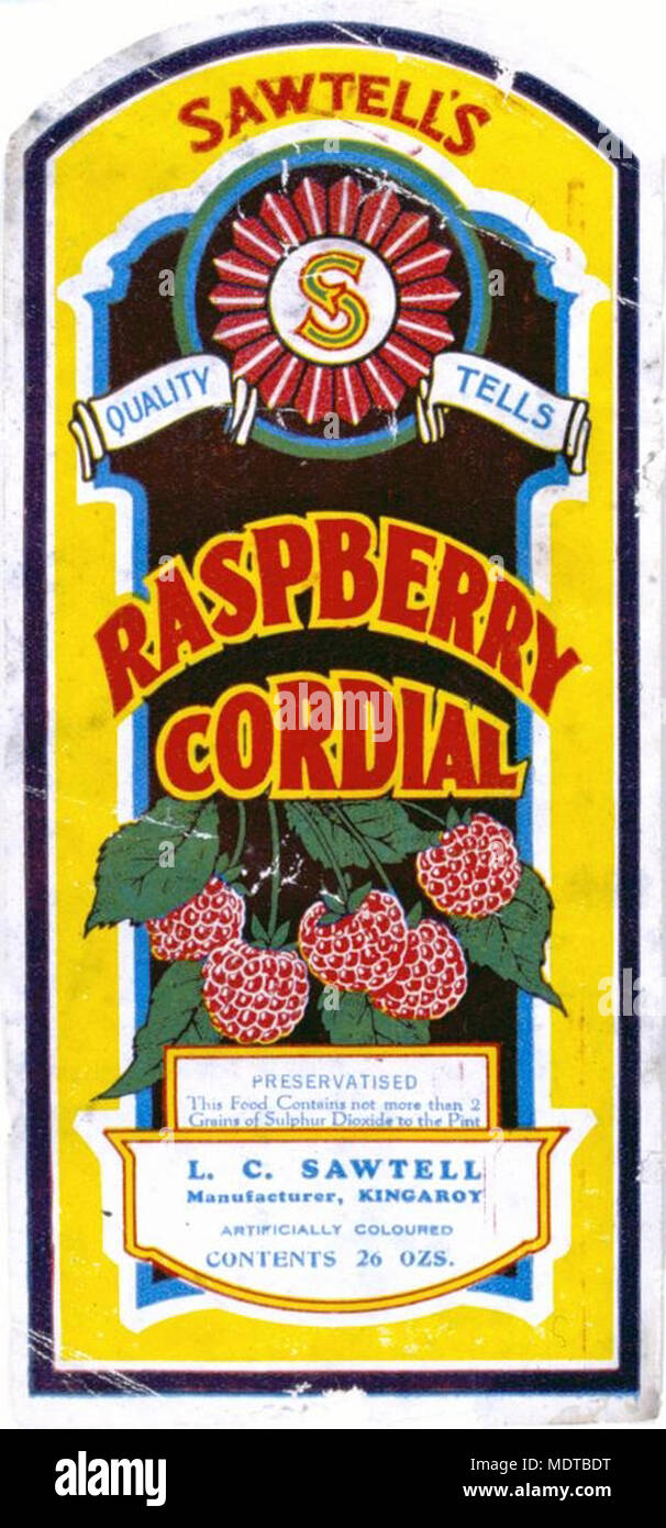 Label from a bottle of Sawtell's Raspberry Cordial. Location: Kingaroy,  Queensland Description: Label reads: Sawtell's. Quality tells. Raspberry  Cordial. Preservatised. This food contains not more than 2 grains of  sulphur dioxide to
