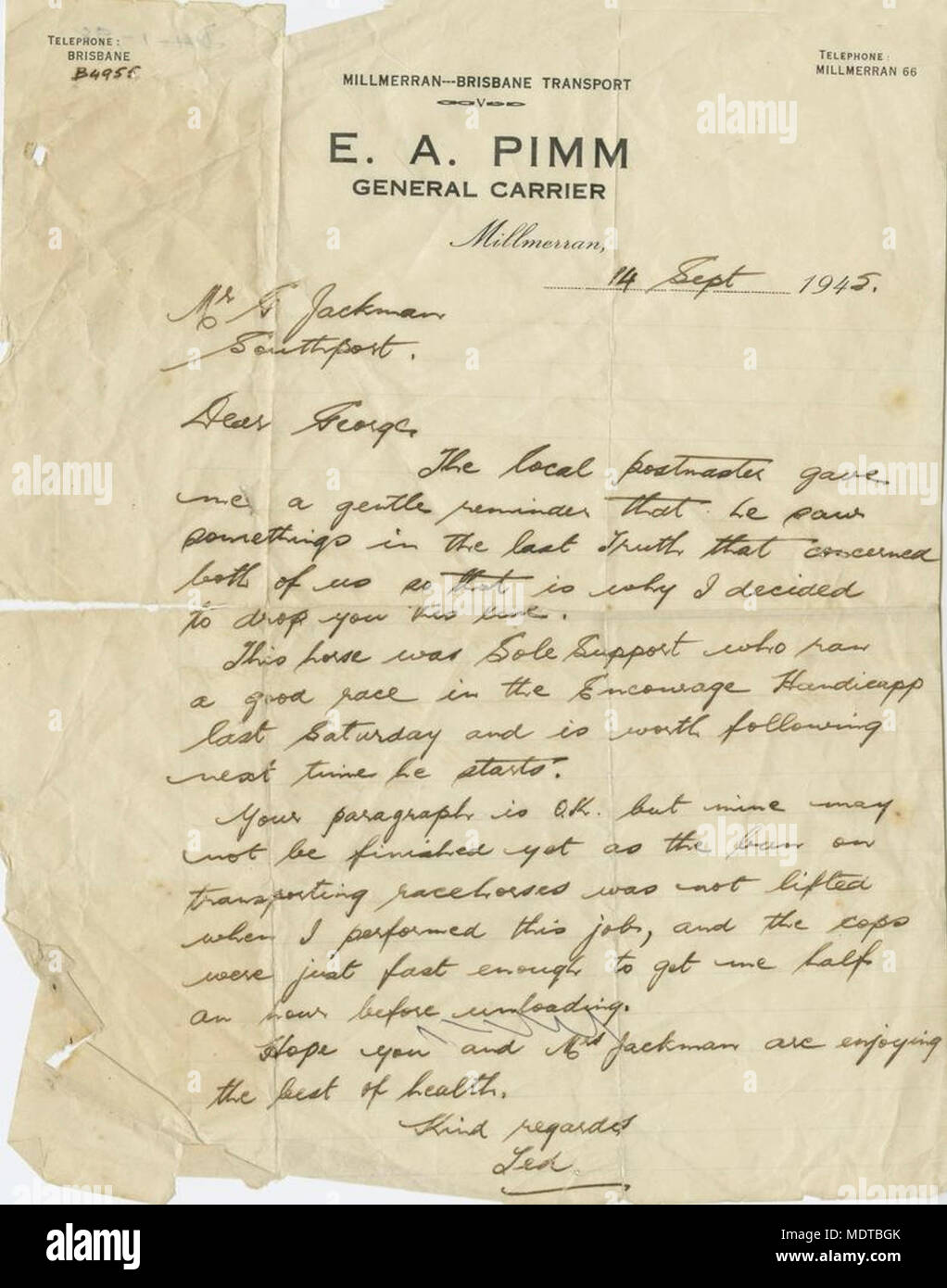 Letter written to George Jackman from E A Pimm, Millmerran. Location: Queensland, Australia  Date: 13th September 1945  Description: Letter refers to a racehorse called Sole Support and the banning of horse transport at the time. Stock Photo