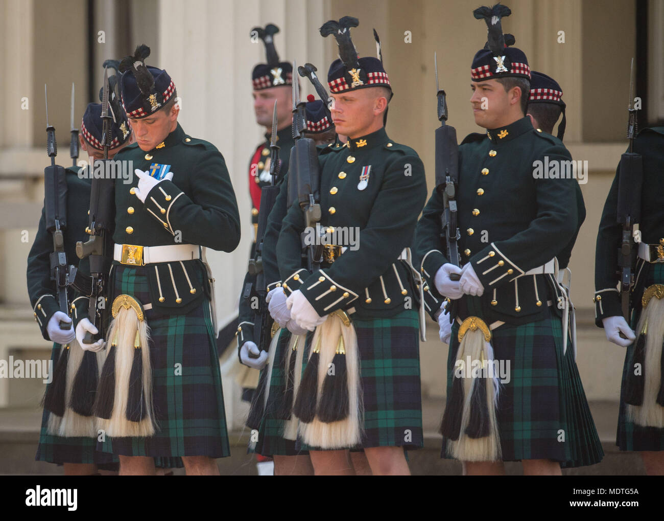 Troops of Balaklava Company, 5th Battalion the Royal Regiment of Scotland take part in a 'Fit for Role Inspection' at Wellington Barracks, London, prior to carrying out ceremonial guard duties in London for the next three weeks. Stock Photo