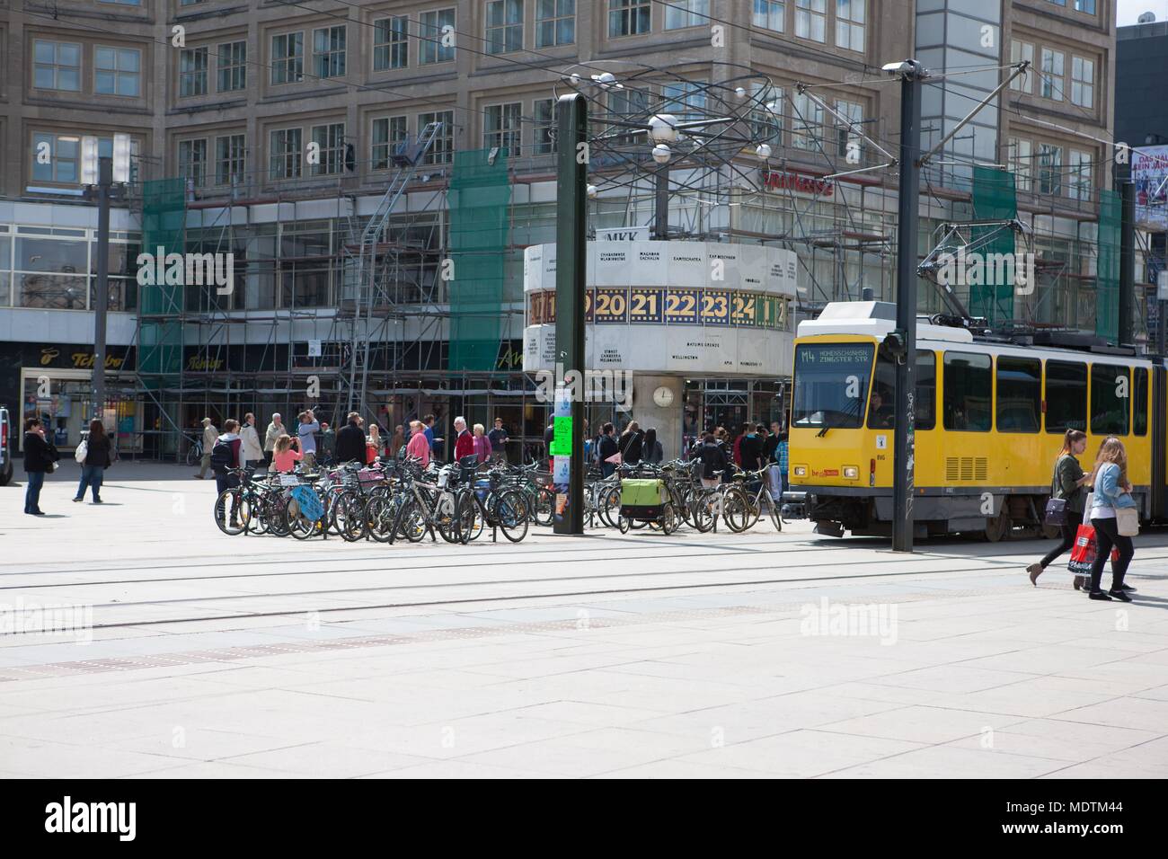 Germany, Berlin, Alexanderplatz, square, fountain, tramway Stock Photo
