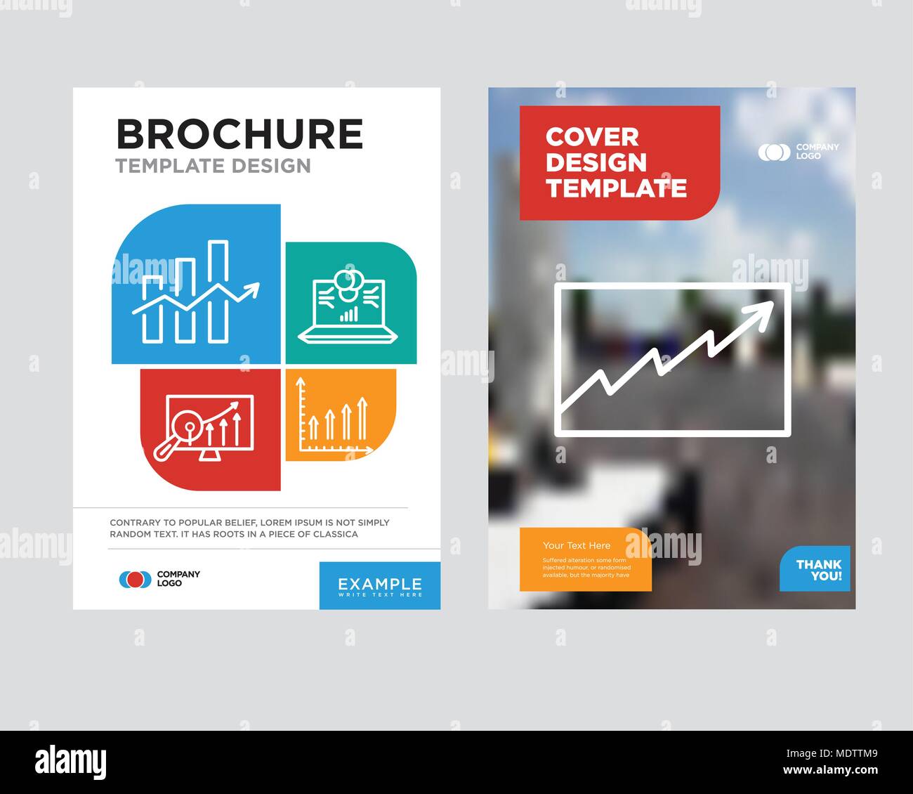 Data analytics brochure flyer design template with abstract photo background, Mobile phone text data, Laptop data analytics on screen with circles, An Stock Vector