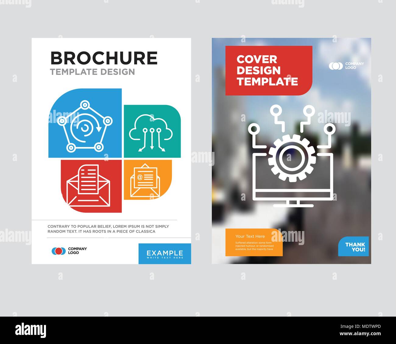 laptop brochure flyer design template with abstract photo background