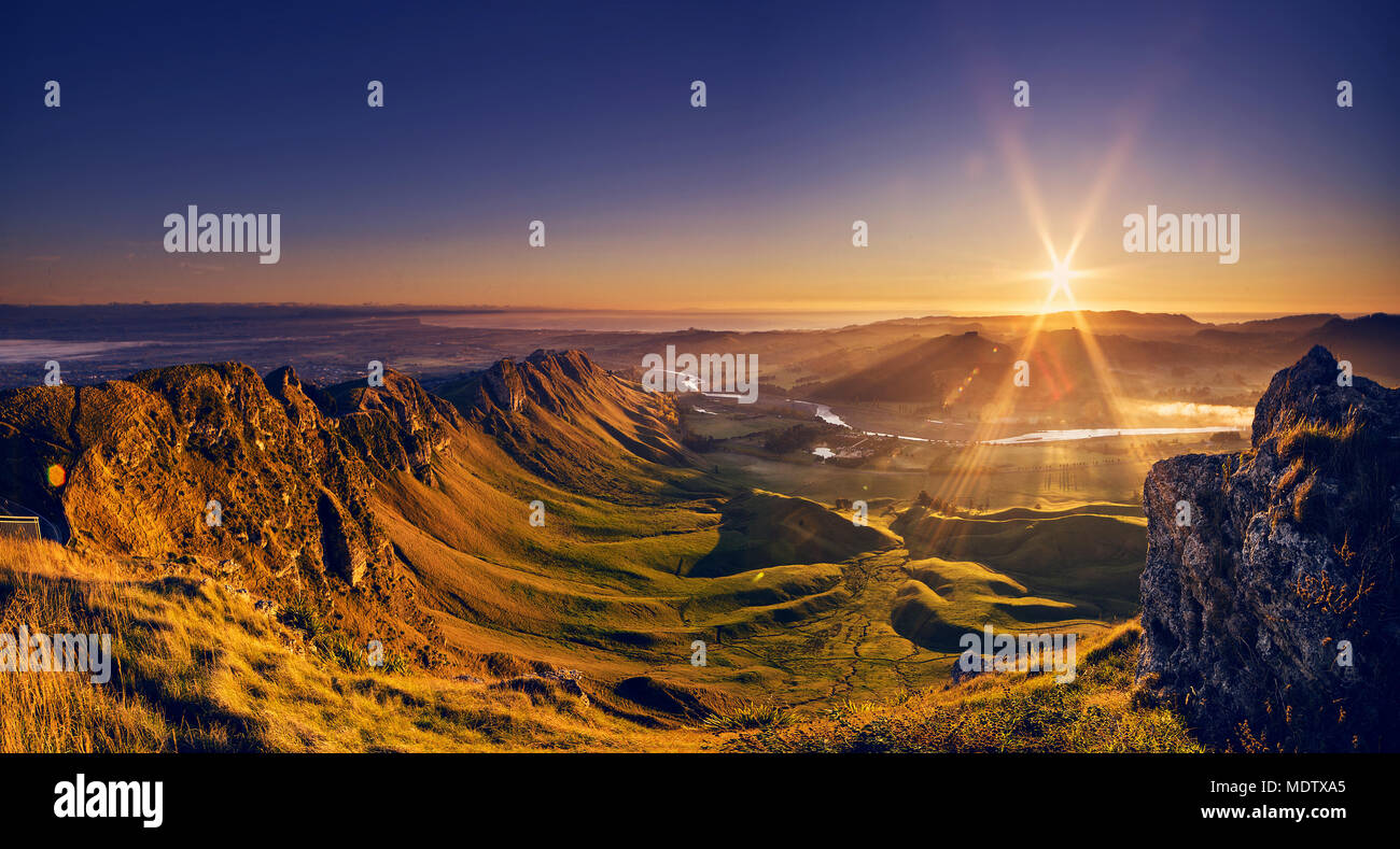 The view from the Te Mata Peak, Napier, Hawkes Bay, New Zealand at sunrise hour. Stock Photo