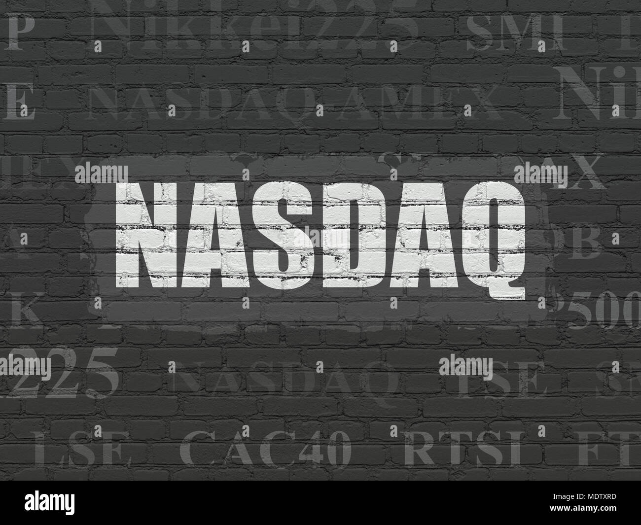 Stock market indexes concept: Painted white text NASDAQ on Black Brick wall background with  Tag Cloud Stock Photo