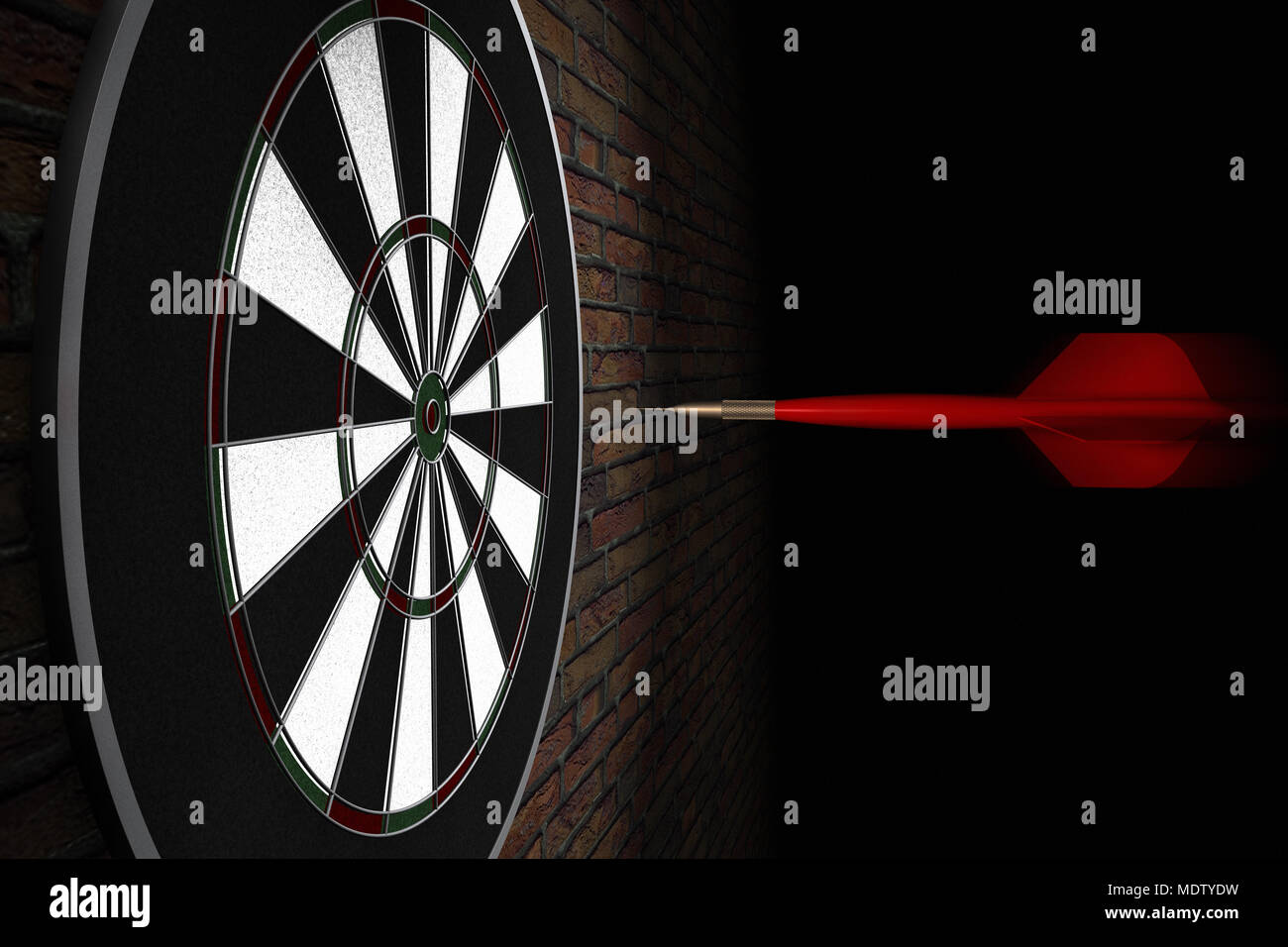 3D rendering of a dart flying straight to bullseye Stock Photo