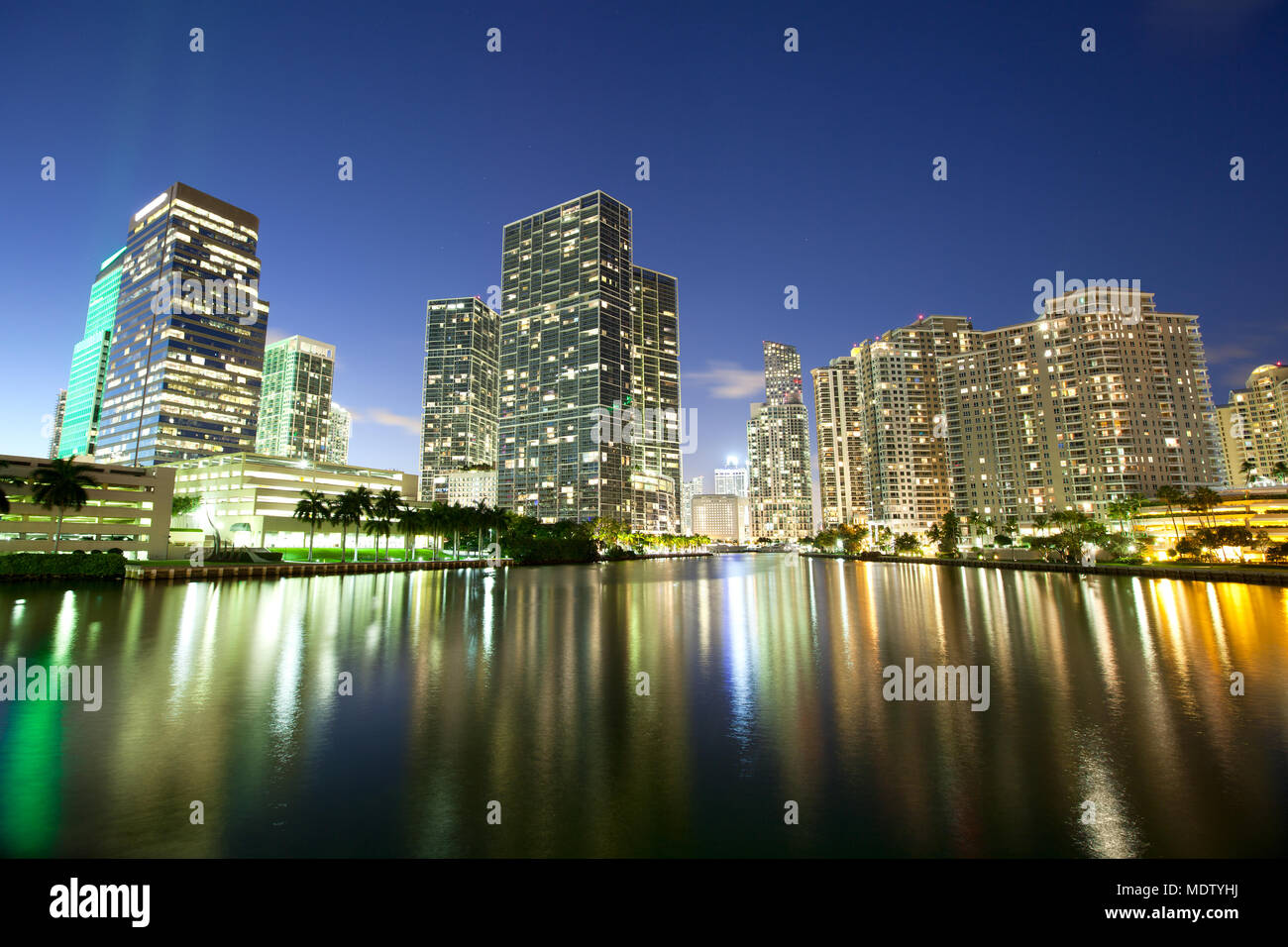 Skyline of downtown and Brickell Key at night, Miami, Florida, USA Stock Photo