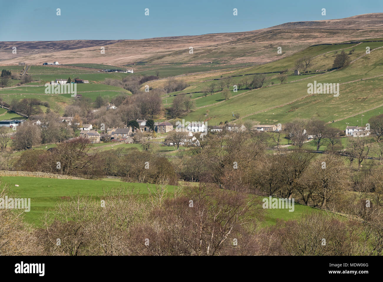 North Pennines Landscape, the rural hamlet of Newbiggin, Teesdale, UK, in spring sunshine Stock Photo