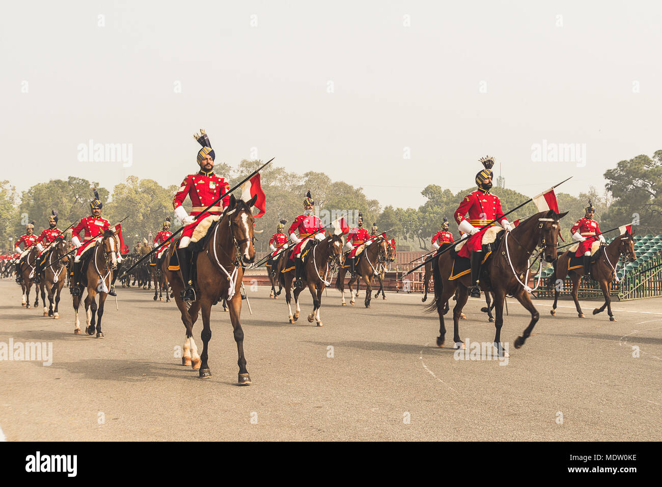 New Delhi, India, 26 January 2018: : The mounted Presidential bodyguards rehearse for the Republic Day Parade in New Delhi, India. The Horse Guards ar Stock Photo
