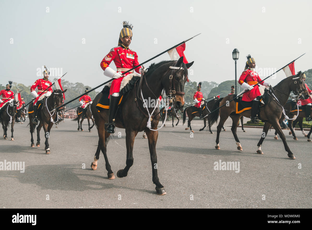 Mounted soldiers parading down the Raj Path, New Delhi in preparation for the Republic Day Parade. January 26, 2018 in Delhi, India Stock Photo