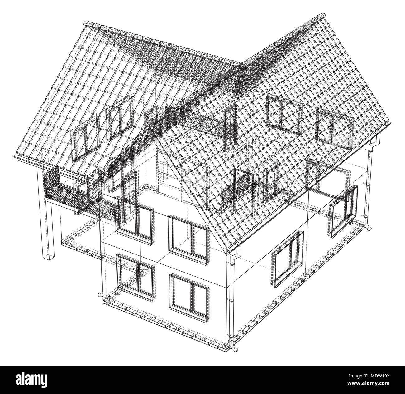 Perspective wireframe of house exterior. Vector created of 3d. Stock Vector