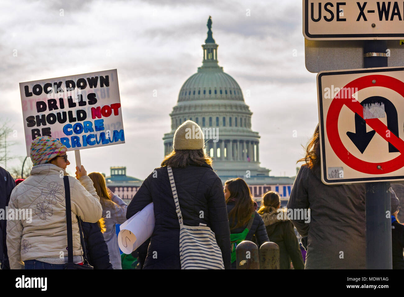 No u-turn sign near Capitol Hill. March For Our Lives rally against gun violence on March 24, 2018 in Washington, DC. Stock Photo