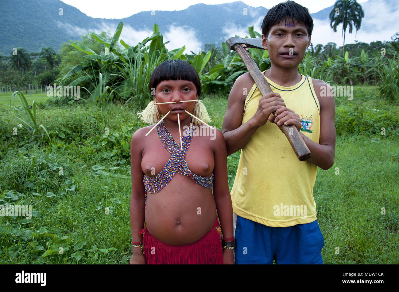 Couple Yanomami Indians in the village of Chestnut - Region of Marari Stock Photo
