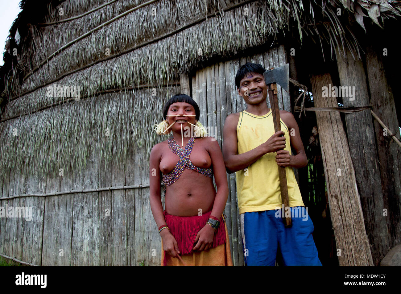 Couple Yanomami Indians in the village of Chestnut - Region of Marari Stock Photo