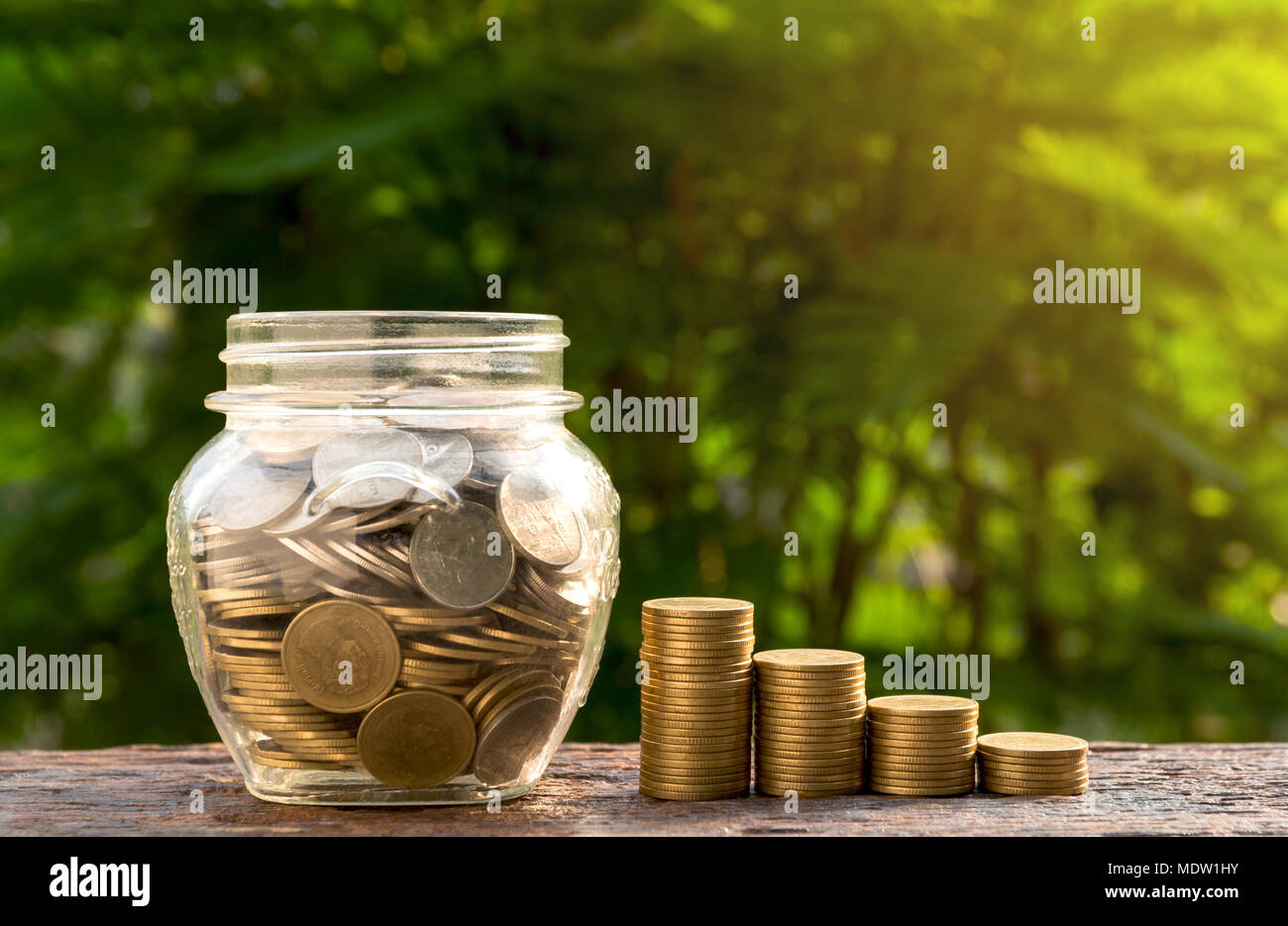 Saving money with stack of coin growing for business and accounting ...