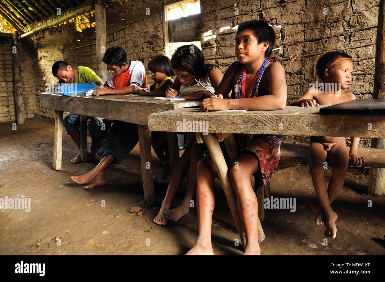 Yanomami indigenous school in the village of Kolulu - Auaris River Basin - Brazilazil border - Venezuela Stock Photo