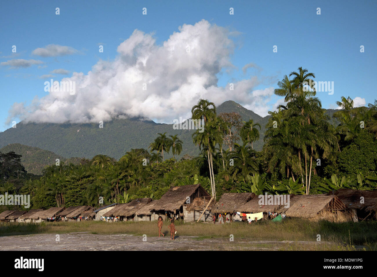 Mayan Village - Cauaburis bowl - medium Black River - Sierra Imeri the background - Stock Photo