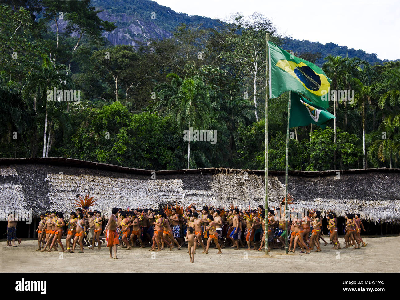 Indians dancing in celeBrazilation of 2'0 years of demarcation TIY - Terra Indigena Yanomami Stock Photo