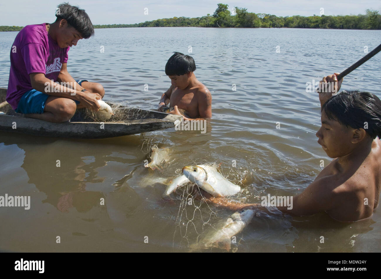 Kalapalo Indians fishing with net in lake Kusse Village Aiha