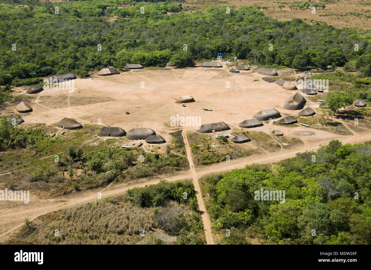 Aerial view of the village Aiha - Kalapalo - Indigena Parque do Xingu - MT Stock Photo