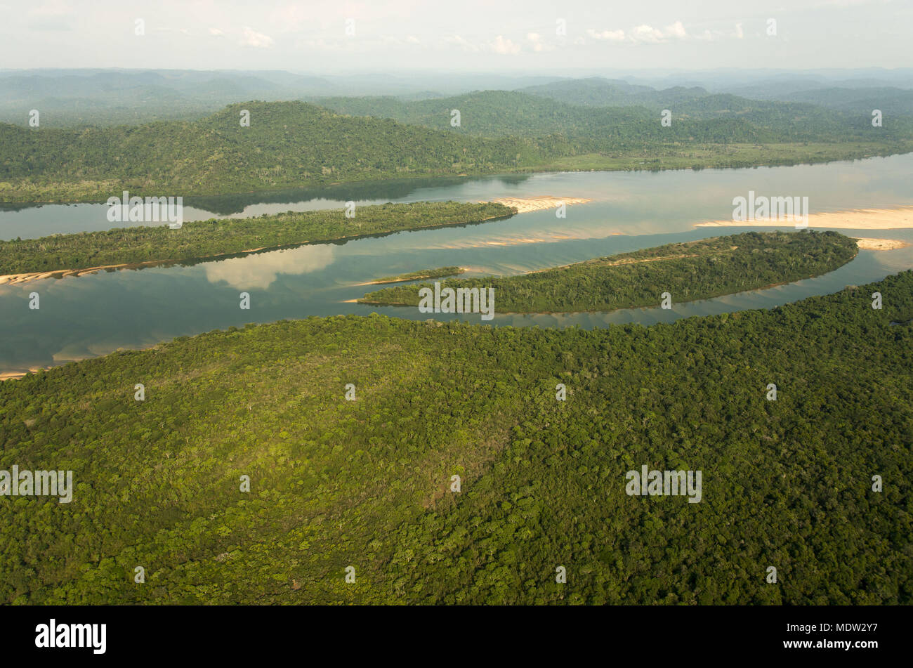 Aerial view of the Xingu River in the period of ebb Stock Photo
