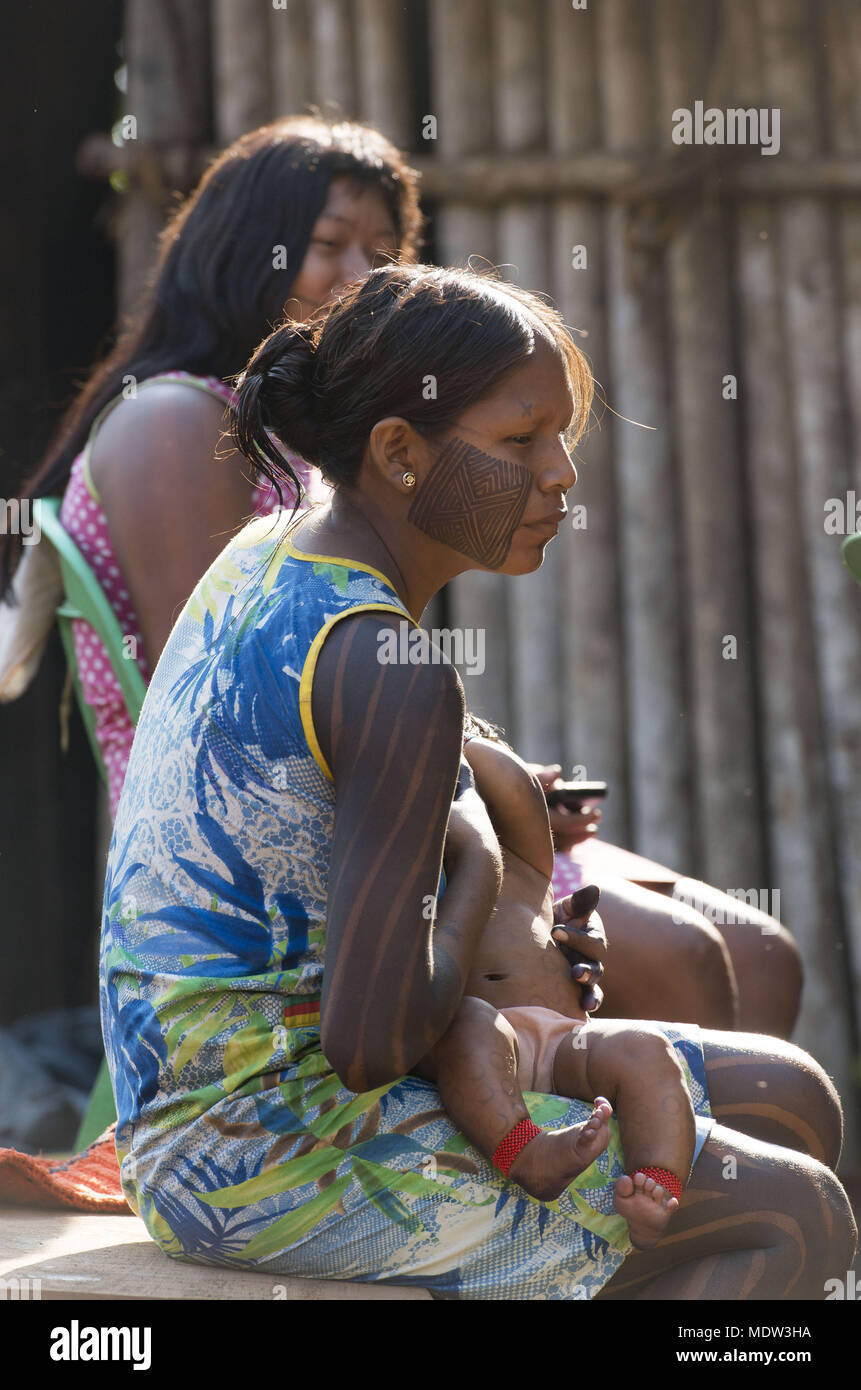 India Kayapo village Moikarako and Brazileastfeeding mother's lap baby Stock Photo