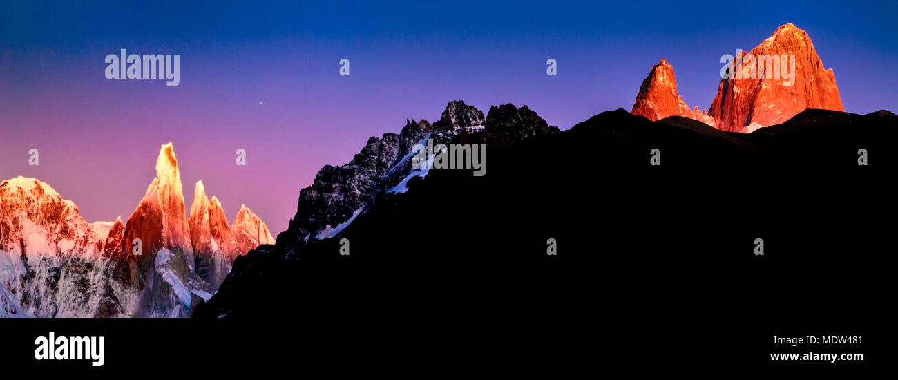 Fitz Roy and Cerro Torre mountains at sunrise. El Chalten, Santa Cruz, Argentina. Stock Photo