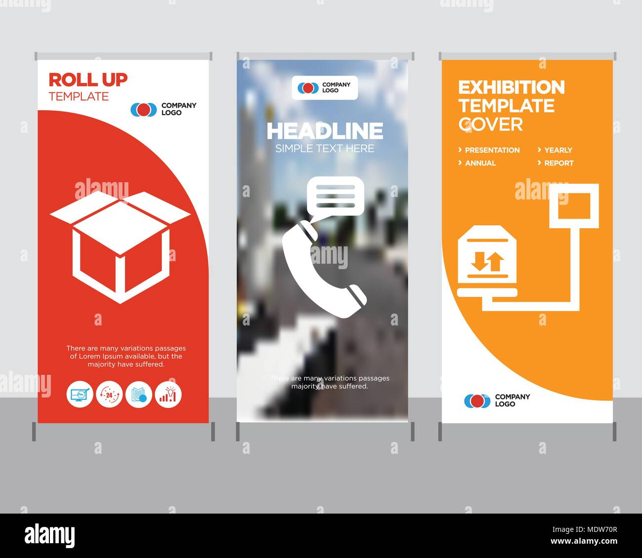 Weight of delivery package on a scale modern business roll up banner design template, Talking by phone auricular creative poster stand or brochure con Stock Vector