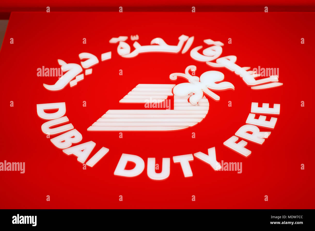 DUBAI, UAE - CIRCA NOVEMBER, 2015: close up shot of Dubai Duty Free sign. Stock Photo