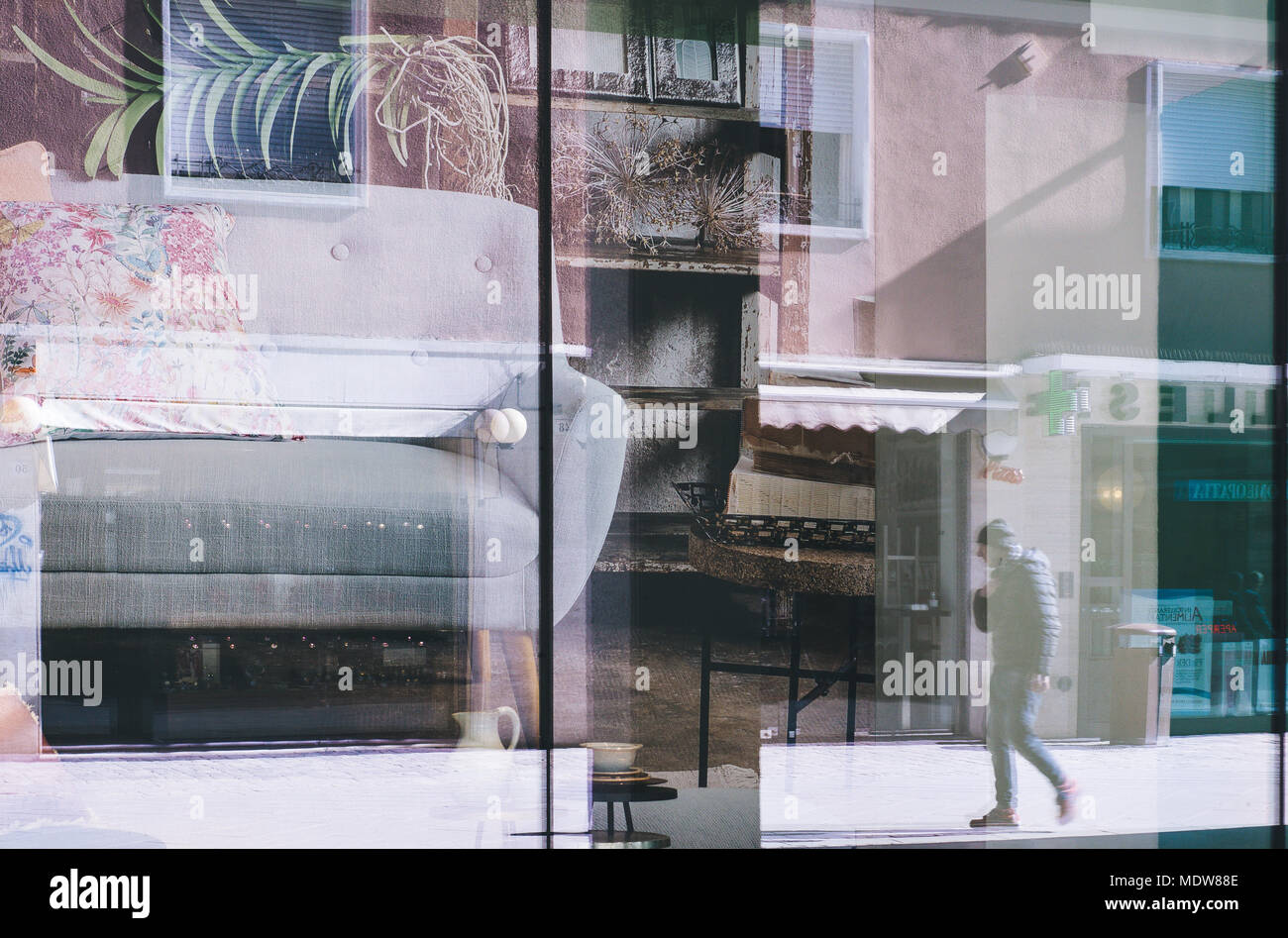reflexes and transparencies of showcase, city life, background Stock ...