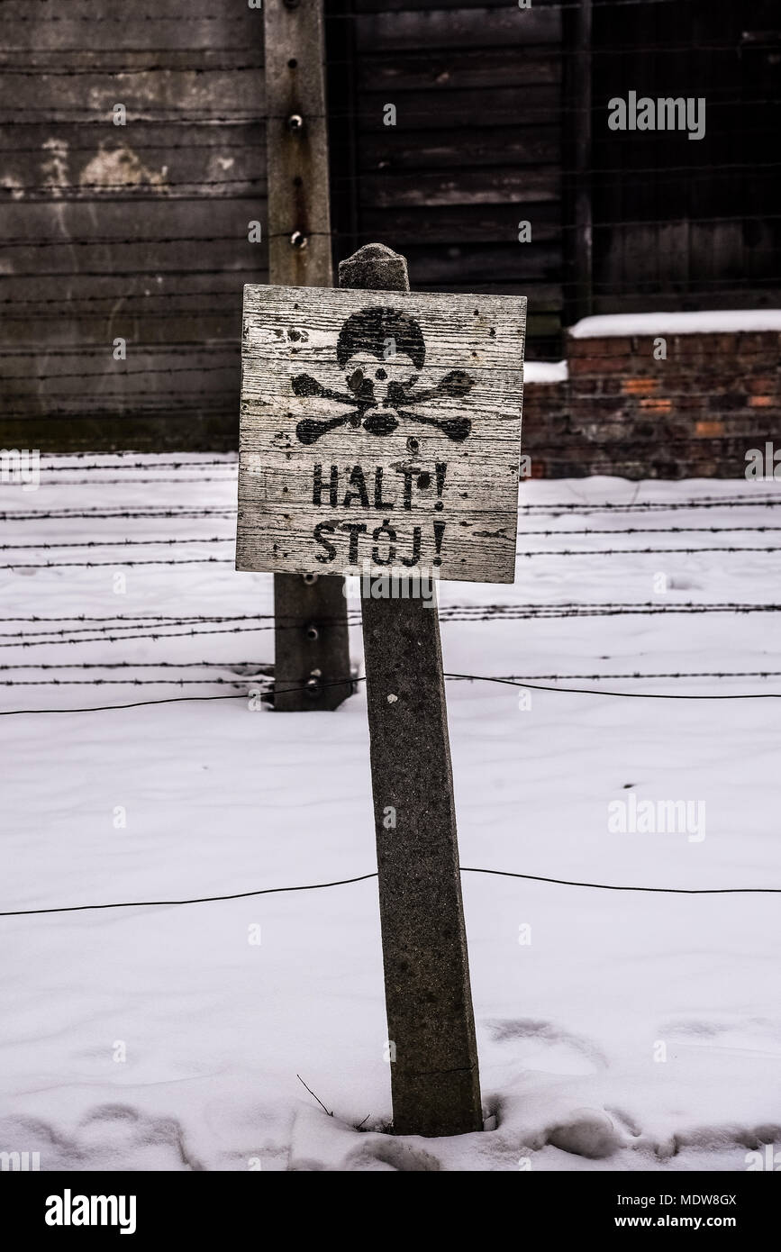 Oswiecim / Poland - 02.15.2018: Stop sign, signal in a Auschwitz Concentration Camp Museum. Stock Photo