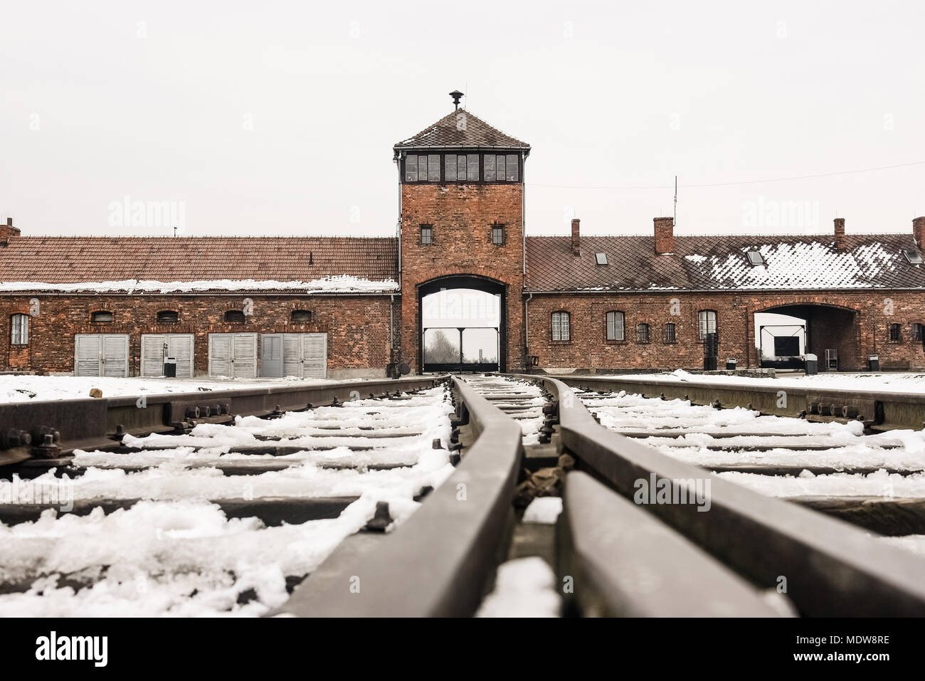 Oswiecim / Poland - 02.15.2018: Rail entrance to concentration camp at Auschwitz Birkenau. Train arrival point. Stock Photo