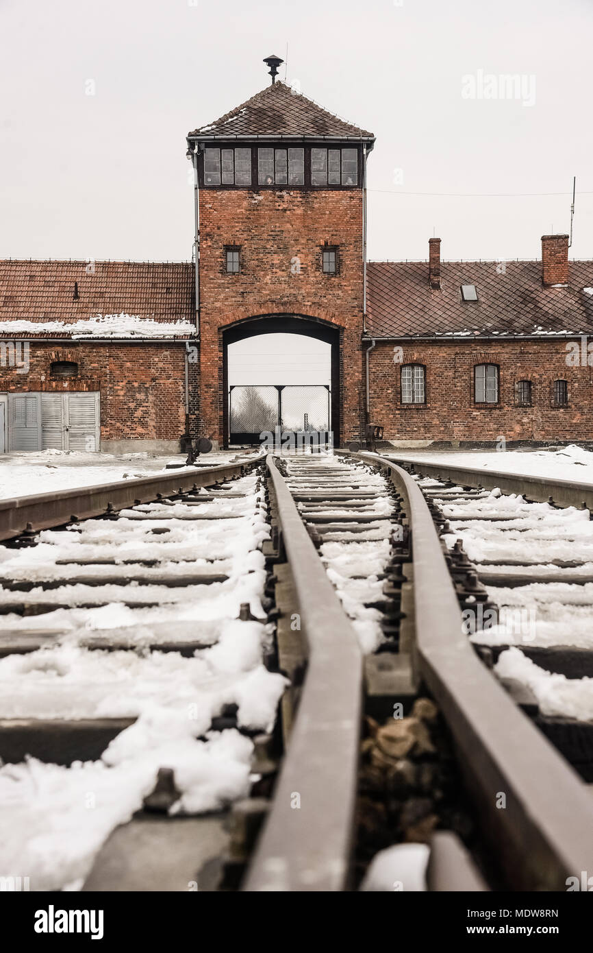 Oswiecim / Poland - 02.15.2018: Rail entrance to concentration camp at Auschwitz Birkenau. Train arrival point. Stock Photo