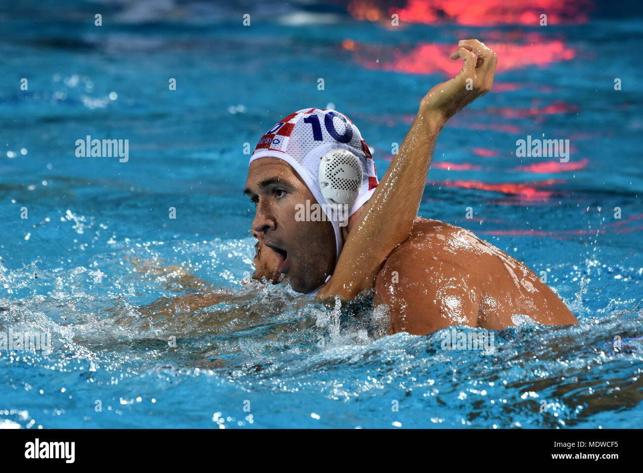 Budapest, Hungary - Jul 25, 2017. AICARDI Matteo (ITA) (in blue) fights against KRAPIC Ivan (CRO). FINA Waterpolo World Championship was held in Alfre Stock Photo