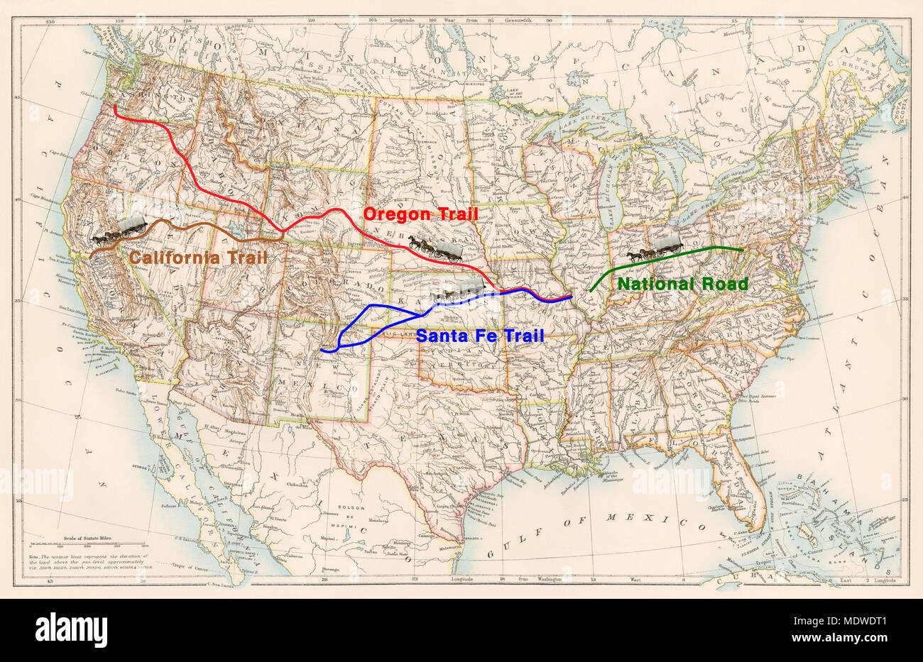 Routes of the great westward trails on an 1870s map of the US. Digital illustration Stock Photo