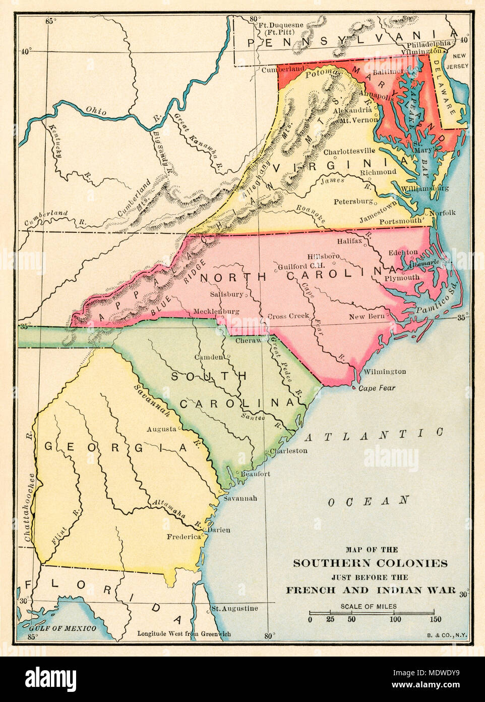 Southern colonies just before the French and Indian War. Printed color lithograph Stock Photo