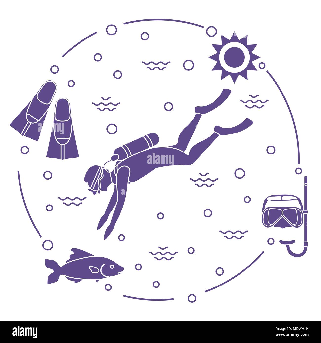 Mask, snorkel, flippers, sun, fish, scuba diver. Sports and recreation ...