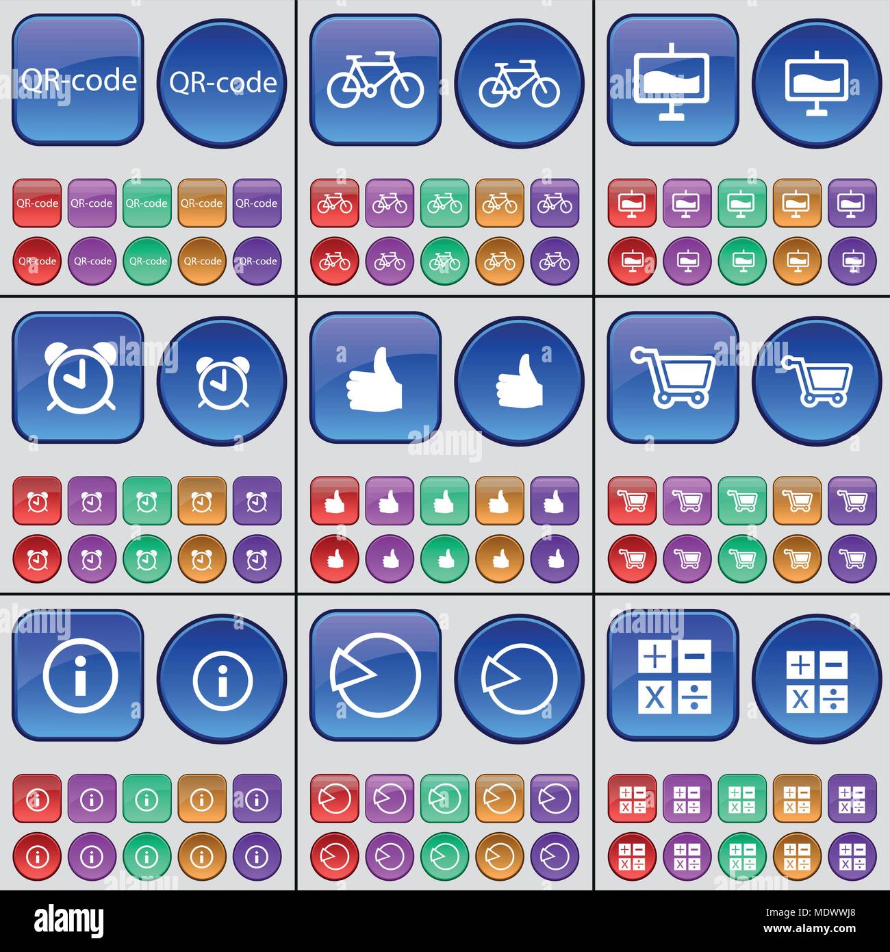 QRcode, Bicycle, Graph, Alarm clock, Like, Shopping cart, Information
