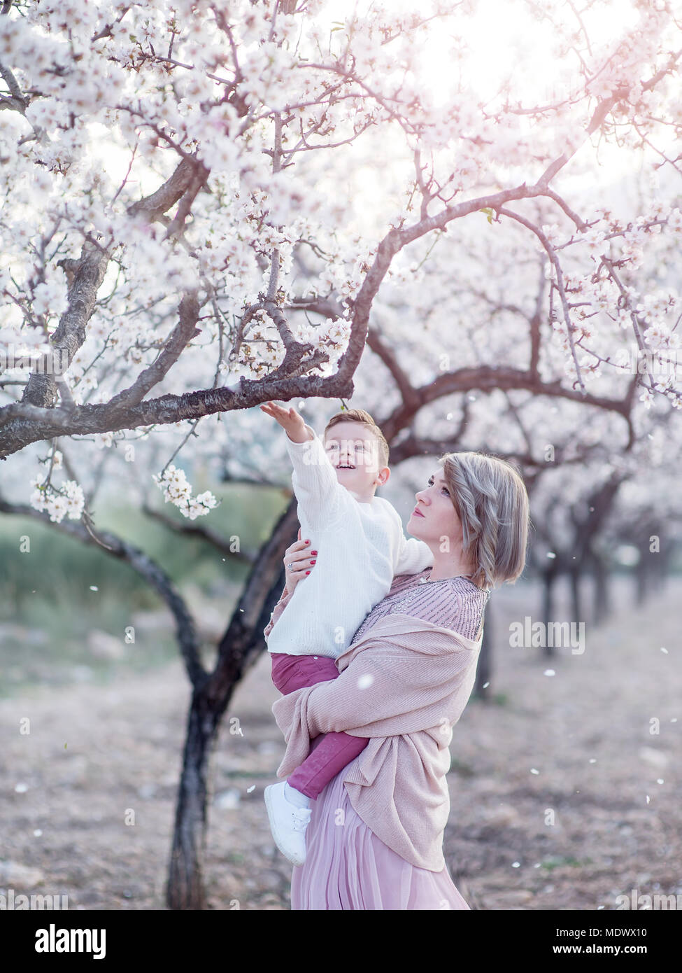Mom and son in the flowering almond garden. Stock Photo