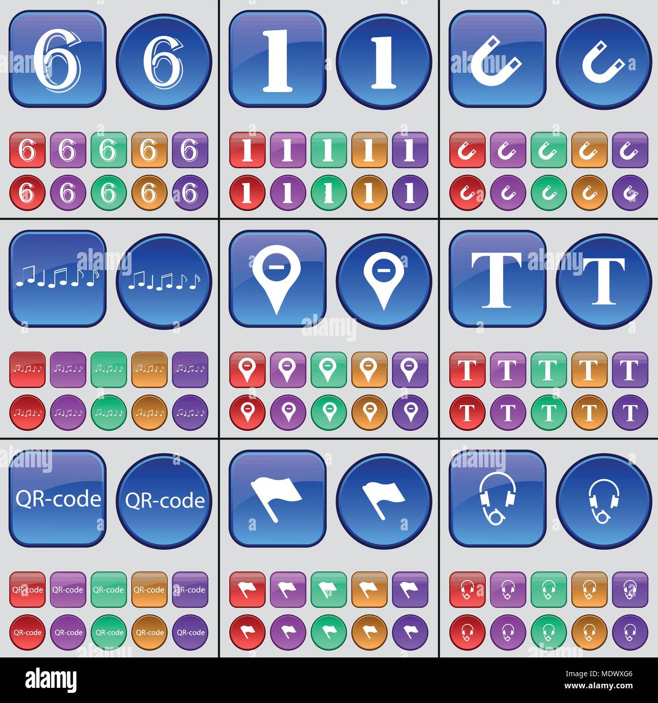 Six, One, Magnet, Note, Checkpoint, Font, QR-code, Flag, Headphones. A large set of multi-colored buttons. Vector illustration Stock Vector