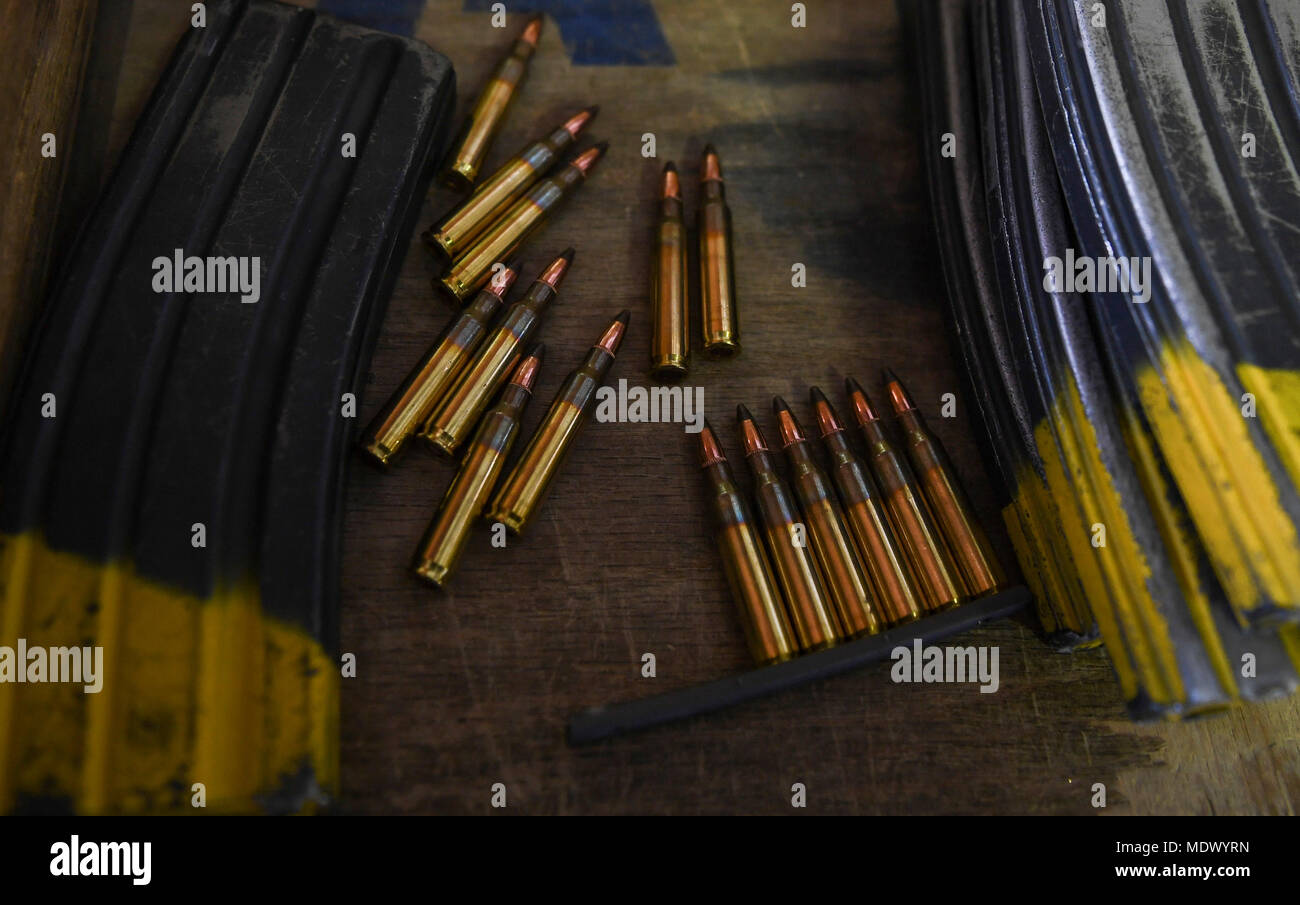 M4 carbine ammunition rests on a table at Minot Air Force Base, N.D ...
