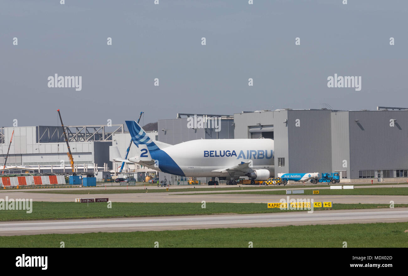 Hamburg, Germany - April 17, 2018:  Airbus Beluga A300-600ST Number 2 unloading at the Airbus Plant in Hamburg Finkenwerder Stock Photo