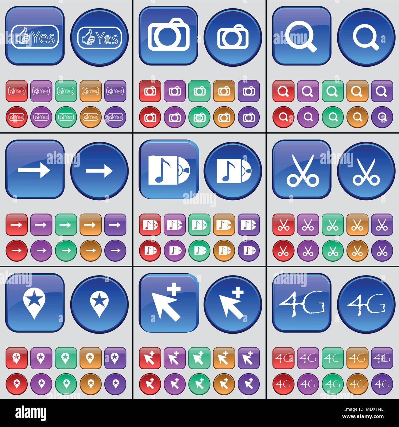 Like, Camera, Magnifying glass, Arrow right, Music disk, Scissors ...