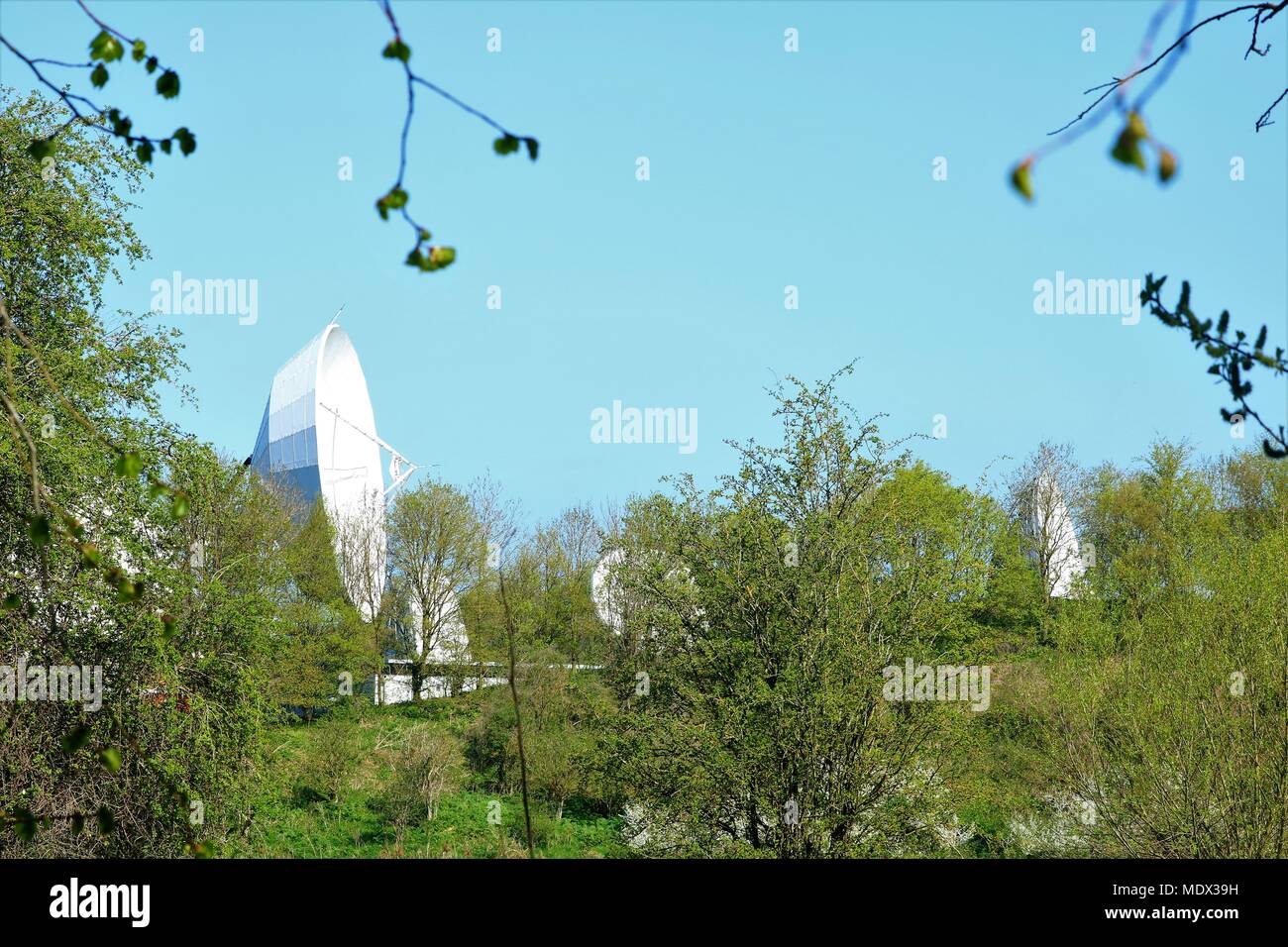 Communication dishes behind trees in the countryside against a blue sky background Stock Photo