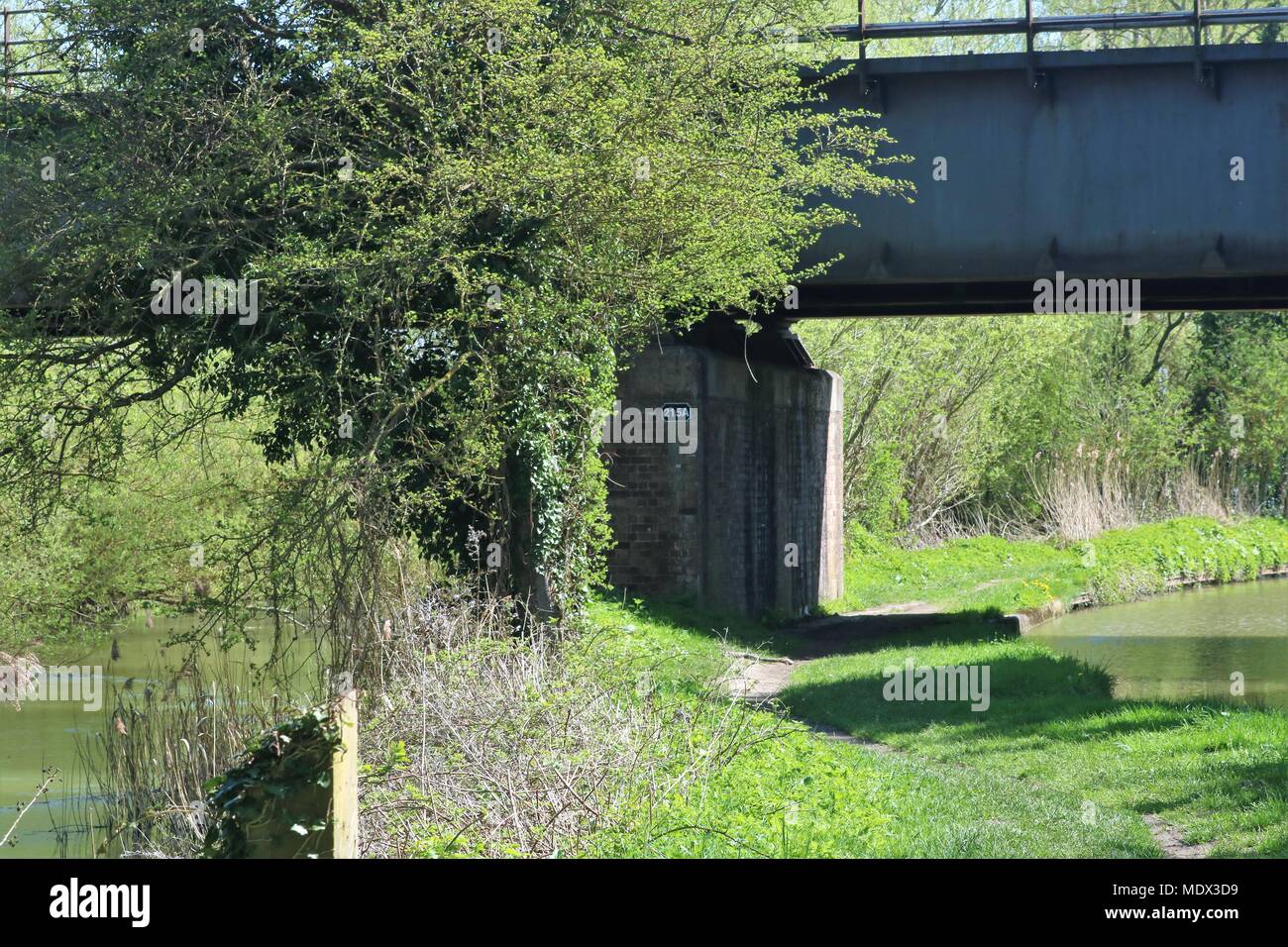 River Cherwell and Enslow Wharf canal side by side, both running under a bridge on a sunny day in Oxfordshire, UK Stock Photo