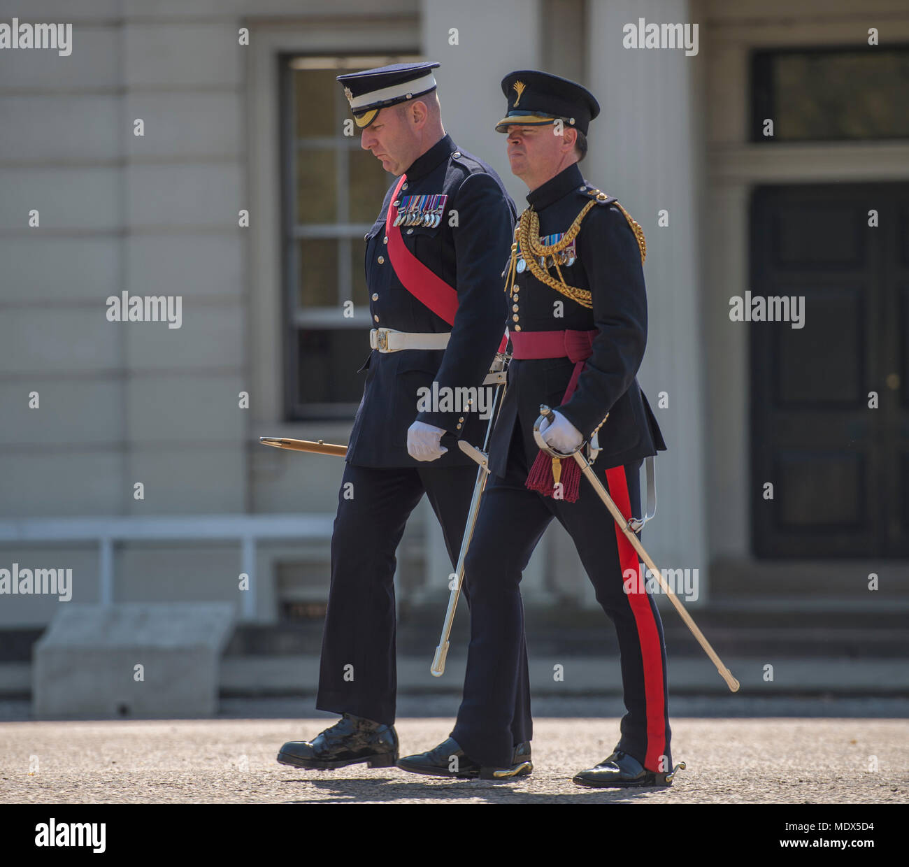 Wellington Barracks, London, UK. 20 April, 2018. Kilted soldiers assist with ceremonial guard duties in London for the next 3 weeks as Balaklava Company, 5th Battalion The Royal Regiment of Scotland takes up post in the capital. Before these operational soldiers are allowed to stand guard outside Buckingham Palace or the Tower of London, they first have to pass muster in front of some of the Army’s toughest judges. This Fit For Role Inspection requires the Edinburgh-based troops to prove their ceremonial prowess in front of senior Officers of the Household Division. Credit: Malcolm Park/Alamy  Stock Photo