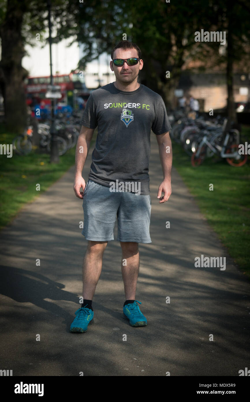 Alex Burton poses for photos as part of a series showing men wearing shorts  in the hot weather, taken in Ealing, London. Photo date: Friday, April 20,  2018. Photo: Roger Garfield/Alamy Live